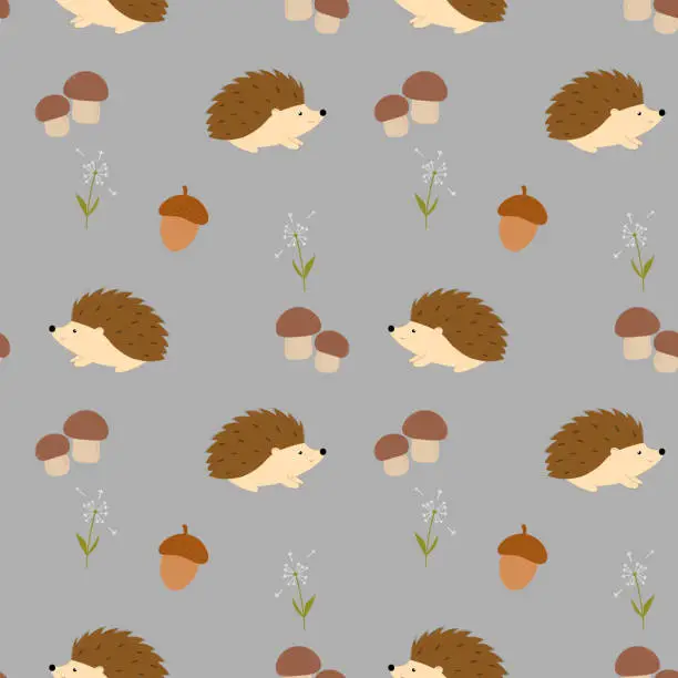 Vector illustration of Seamless pattern with cute hedgehogs in the forest.