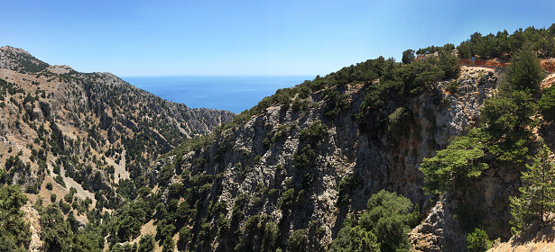 Looking down into the Samaria Gorge with the sea in the background on the island of Crete, Greece