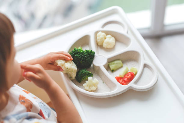 istock children's plastic plate with vegetables broccoli, cauliflower, cucumbers, tomatoes, child eats 2099853581