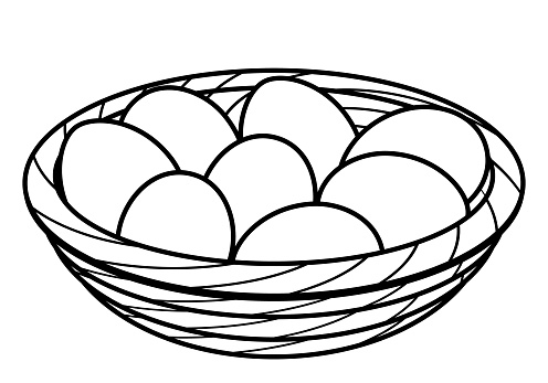 eggs in a wicker basket bowl, black and white vector illustration