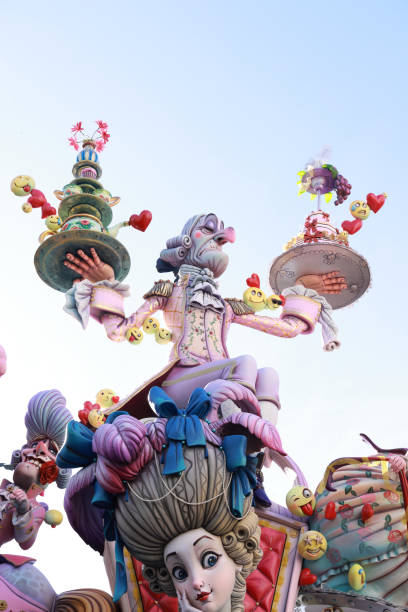 Valencia, Spain, March 17 2024 - Las Fallas Festival Wood and Papier Mache Sculptures and Monuments in the street which on 19 March are burnt to celebrate St Joseph