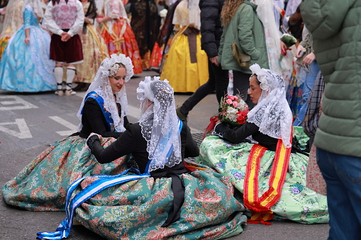 Valencia, Spain, March 18 2024 - Las Fallas Festival with Parade to celebrate Virgin Mary on 17 and 18 March, ladies preparing to walk the route