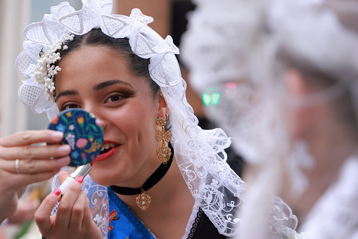 Valencia, Spain, March 18 2024 - Las Fallas Festival with Parade to celebrate Virgin Mary on 17 and 18 March, ladies preparing to walk the route