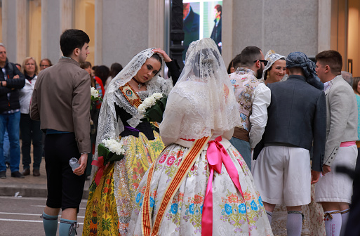 Valencia, Spain, March 18 2024 - Las Fallas Festival with Parade to celebrate Virgin Mary on 17 and 18 March, ladies preparing to walk the route