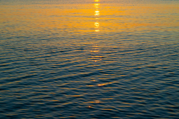 Sun glare on the water. Sunset over the sea. Surface of the water. Marine background. Ripples on the water, waves. Natural landscape.