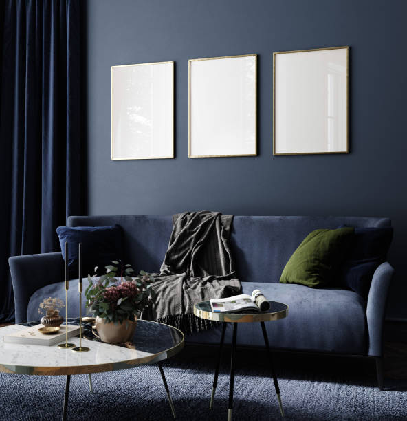 Dark blue living room interior with sofa, classic modern interior