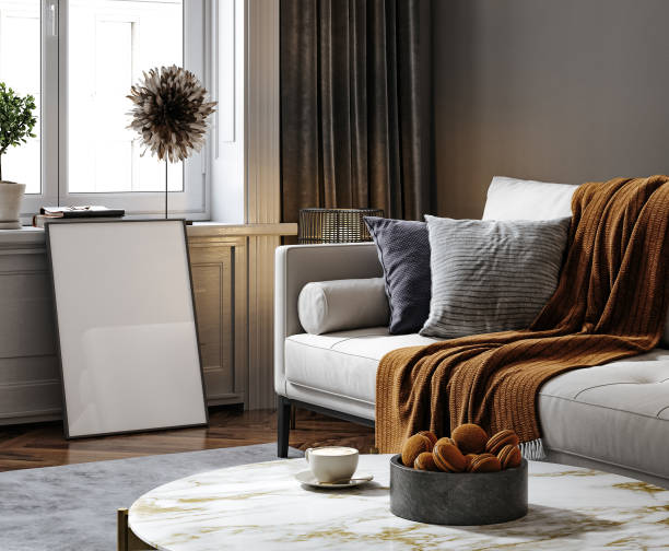 Black living room interior with sofa, minimalist interior background