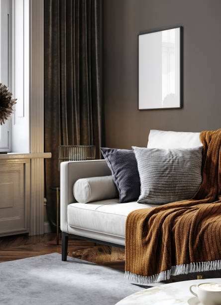 istock Black living room interior with sofa, minimalist interior background 2099889523