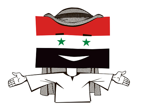 Vector A cute smiling Arab man with his arms outstretched in the shape of the Syrian flag