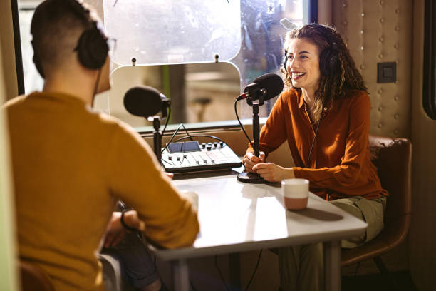 Colleagues recording podcast together