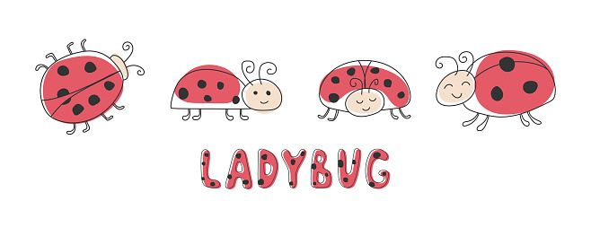 Collection of cute Ladybug Beetles. Doodle funny insect. Outline hand drawn ladybird isolated on white. Smiling character for design children's book, coloring books, patterns