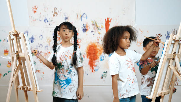 istock Diverse student painted or draw canvas at stained wall in art lesson. Erudition. 2099942945