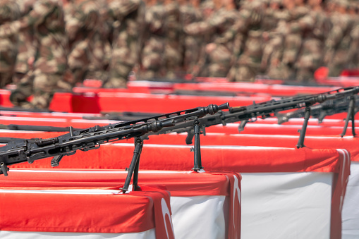 Turkish soldiers taking the oath at the military swearing-in ceremony.