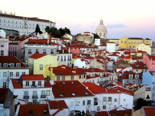 Cityscape of the picturesque Alfama district at sunset. Panorama of the colorful Old Lisbon. Free copy space