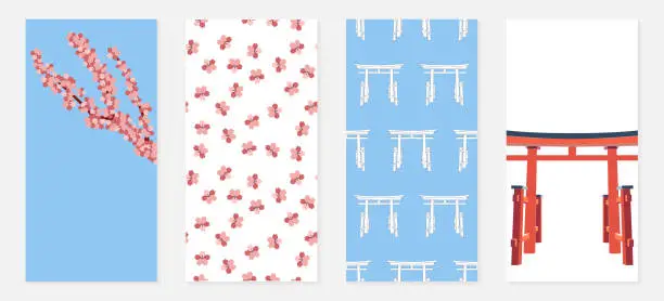 Vector illustration of Japan poster set - Sakura, Torii Gate. Collection of Banners for social networks. Pattern with pink Flowers, Branches