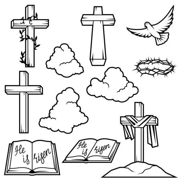 Vector illustration of Happy Easter set of items. Background with religious symbol.
