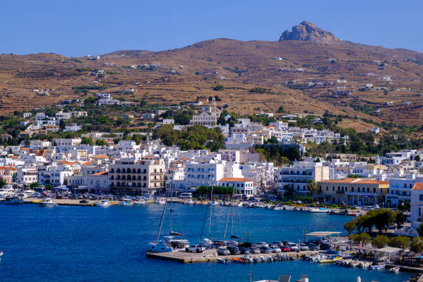 Tinos, GR - 6 August 2023: Panoramic view of Chora, Tinos island capital