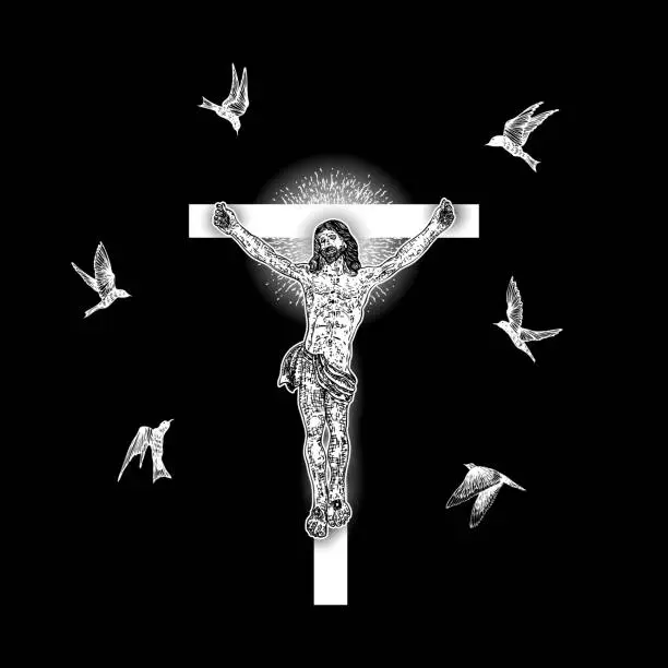 Vector illustration of Jesus Christ crucified and raven or crow birds flock flying around him. Modern new age visual interpretation, symbol of Christianity prayer, religion and mystical spiritual experience. Vector.