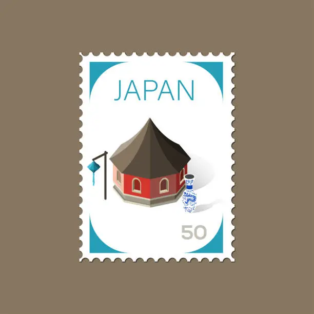 Vector illustration of Postage Stamp with Isometric Japanese Building, Snail Mail from Japan, Small Town in Asia, Far East Buildings, Destination Japan, Travel Spot, City Locations, Places in East, Visit Asia, Modern 3D House