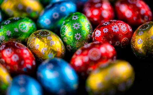 Easter. Closeup of colorful chocolate eggs.