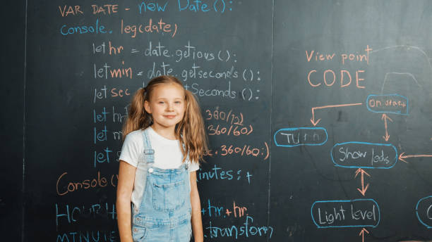 istock Caucasian smart girl looking at camera while standing at blackboard. Erudition. 2099995728