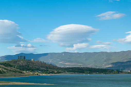 Tbilisi, Georgia. Tbilisi Reservoir. View of the Chronicle of Georgia. View of the mountains and lake. Natural landscape.