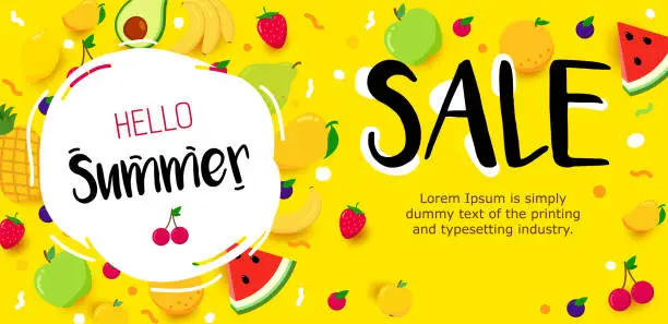 Vector illustration of Horizontal summer sale banner with bright fruit on yellow background.