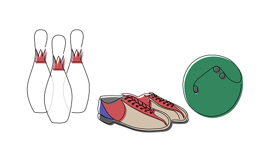Bowling colored set with ball, skittles and sport shoes one line art. Continuous line drawing of entertainment, sport, pin, hobby, tournament, game, activity, competitive, leisure, strike, professional play, color. Hand drawn vector illustration
