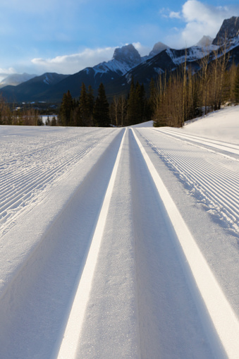 A close-up view of perfect classic cross-country ski tracks at the Canmore Nordic Centre Provincial Park in Alberta, Canada. The Three Sisters Mountain Peaks are visible in the background.