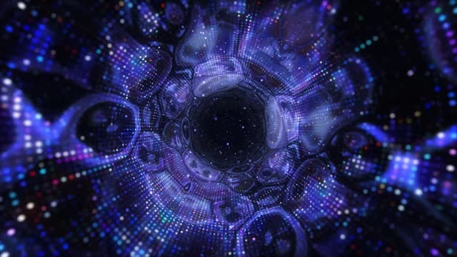 A wormhole through time and space. Abstract blue shining tunnel 4k, time travel concept.