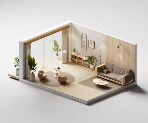 istock Isometric view living room muji style open inside interior architecture 3d rendering 2100035574