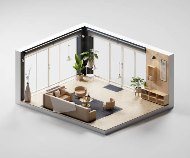istock Isometric view living room muji style open inside interior architecture 3d rendering 2100035577