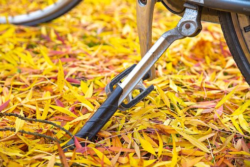kickstand of bicycle detail with yellow leaves, close up