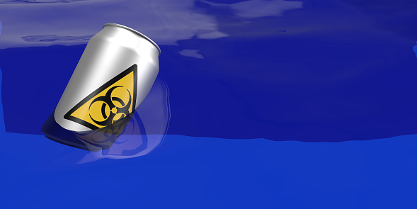 Sustainable lifestyle and waste management concepts. 3D rendered, thrown away soda can, floating on water with biohazardous symbol and copy space.