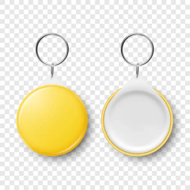 Vector illustration of Vector 3d Realistic Yellow Blank Round Button Badge with Ring Holder Closeup, Isolated. ID Badge Design Template, Mockup. Design Template for Access Pass, Identification, Events. Front, Back Side View