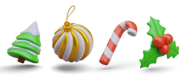 istock Christmas collection with green tree with snow, beautiful toy, twisted candy cane and holly branch 2100063577