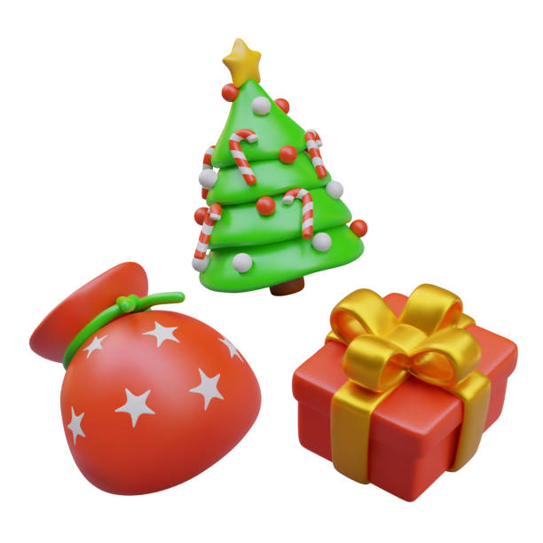 istock Green tree with toys, red bag with stars and present with gold ribbon 2100067296