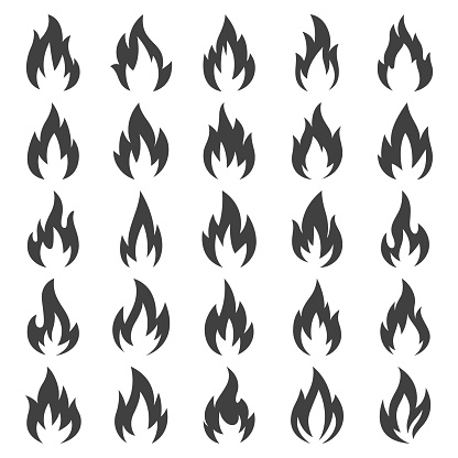 Vector Fire Flame Icon Set, Isolated. Campfire Shape Sign, Bonfire Design Template for Outdoor, Adventure, Nature Concept. Black White Color Flame Icon in Front View.