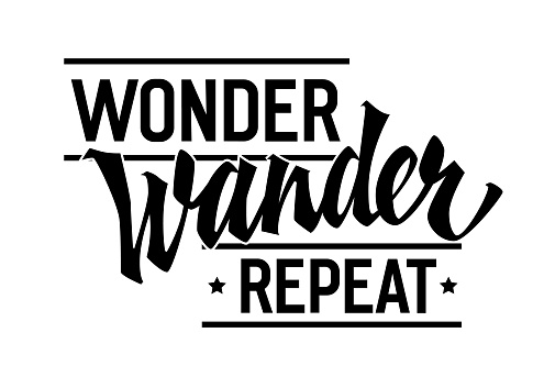 Wonder, Wander, Repeat, lettering design with retro-inspired modern calligraphy. Motivational motto quote for outdoor experience. Isolated typography template suitable for logos, prints, fashion