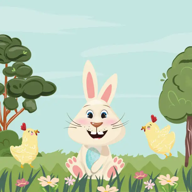 Vector illustration of Sunny Easter Bunny Holding Easter Egg and  Cute Chicks walking around