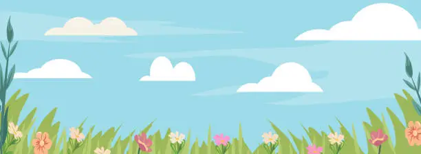 Vector illustration of Horizontal long banner with blue sky and spring summer flowers on the bottom