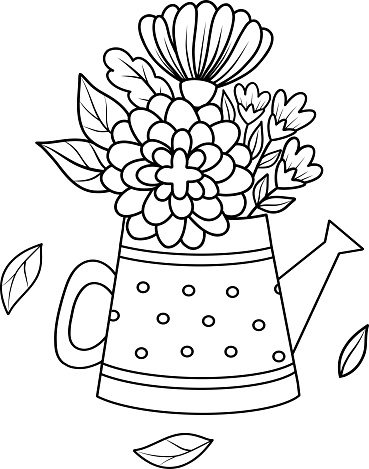 Vector illustration of a watering can in the form of a vase with flowers, tulips, daisies, peonies, hydrangeas. A black and white outline. Seasonal illustration of spring flowers for gardening,clipart