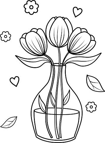 Tulips in a vase. An anti-stress coloring book for children and adults. Vector illustration highlighted on a white background. Black and white drawing