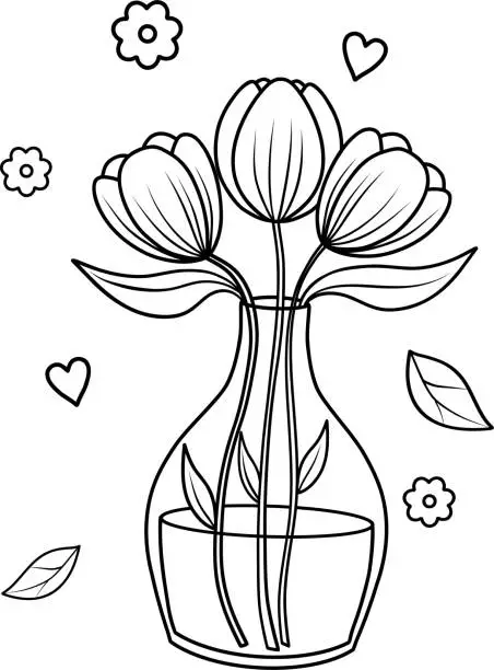 Vector illustration of Tulips in a vase. An anti-stress coloring book for children and adults. Vector illustration highlighted on a white background. Black and white drawing