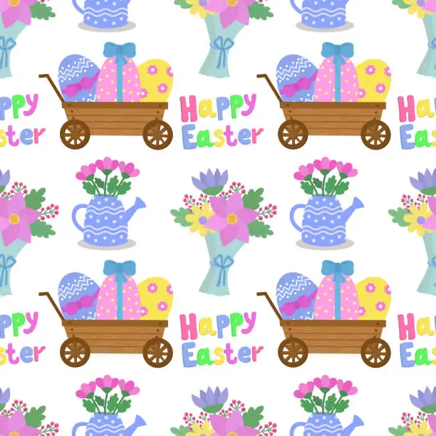 Vector illustration of Seamless pattern with a cart with eggs, flowers, a bouquet of flowers, a watering can with flowers. Vector illustration for Easter.