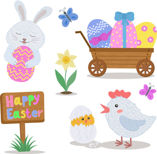 illustrations, cliparts, dessins animés et icônes de un ensemble d’illustrations de pâques. dessins d’enfants mignons pour pâques. un ensemble d’illustrations simples avec des fleurs, des papillons, un oiseau, un panier festif et des œufs. le lapin de pâques. - daffodil flower silhouette butterfly