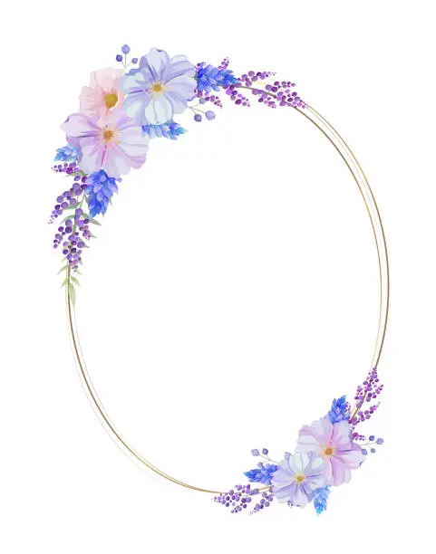 Vector illustration of Botanical oval frame and  border of spring flower and leaf. Blue, pink and purple wild flowers vector illustration.