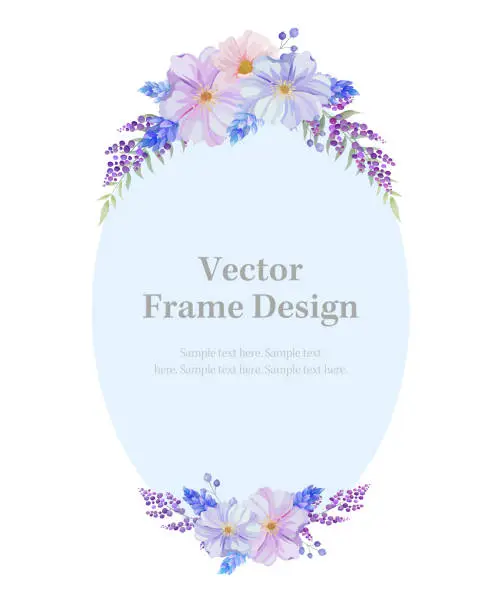 Vector illustration of Botanical oval frame and  border of spring flower and leaf. Blue, pink and purple wild flowers vector illustration.