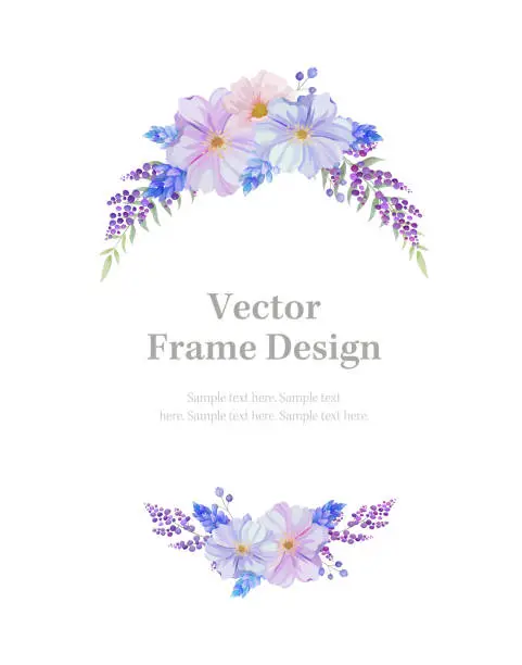 Vector illustration of Botanical oval frame and  border of spring flower and leaf. Blue, pink and purple wild flowers vector illustration.