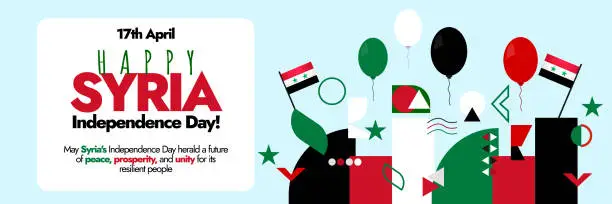 Vector illustration of 17th April Syria Independence or Evacuation Day cover. Happy Syria Independence Day, celebration cover or banner featuring Syrian flags, flag color theme abstract retro art designs elements. and balloons. Independence Day social media banner